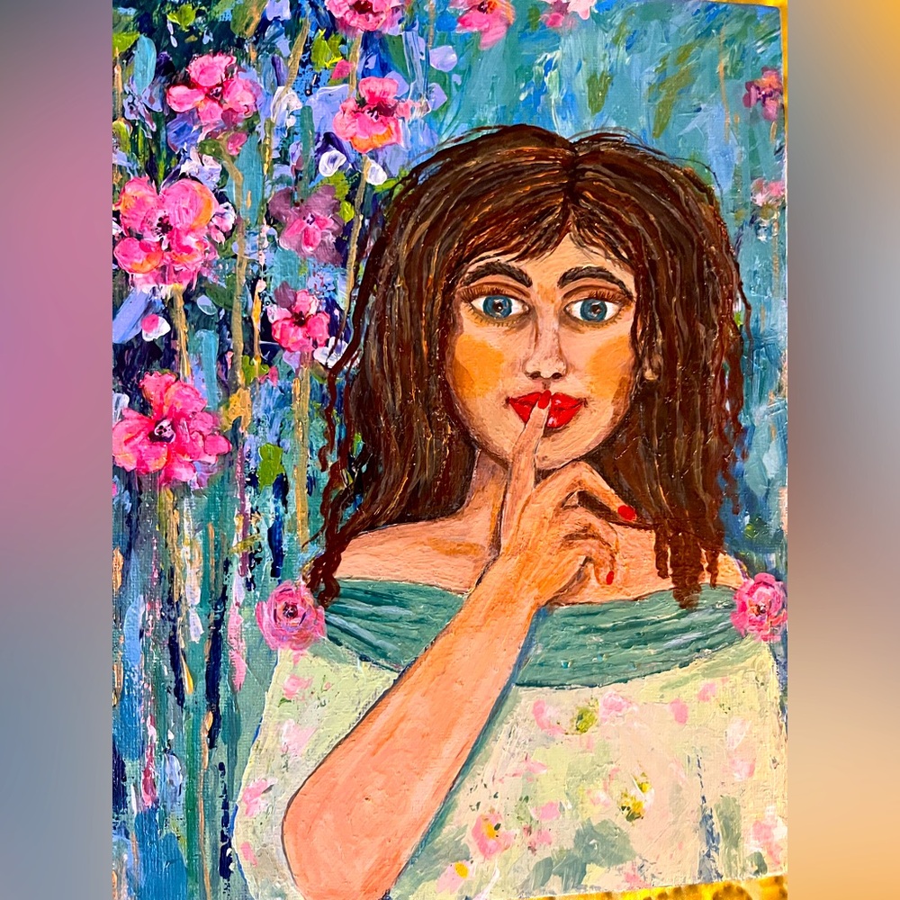 Original acrylic portrait of woman in green dress